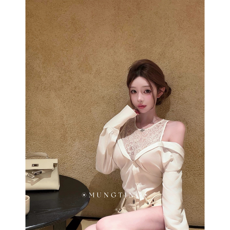 Chan Chen Mengting【Pure Desire Illusion】 Water-Soluble Lace Waist-Cinching Tie-Up Off-Shoulder Shirt for Women, Designer Top Chan Chen Mengting【Pure Desire Illusion】 Water-Soluble Lace Waist-Cinching Tie-Up Off-Shoulder Shirt for Women, Designer Top