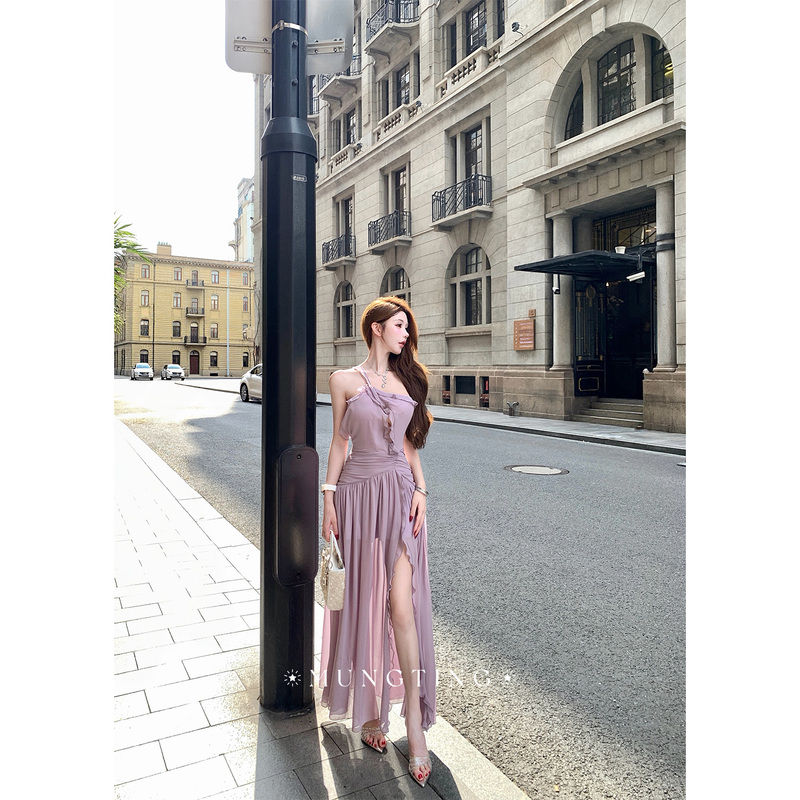 Chan Chen Mengting【Gorgeous Purple Sea Blua*E】Pearl Chiffon Pure Desire Off-Shoulder Halter Vacation Style Dress