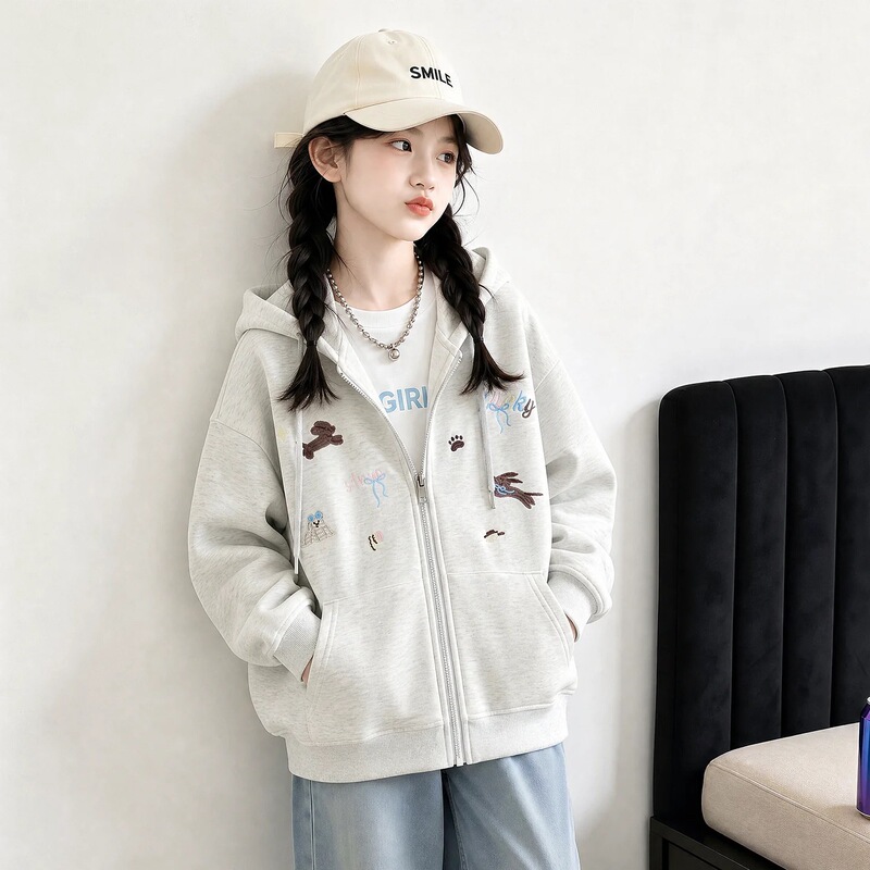 Cartoon Print Girls' Cardigan Zipper Hooded Sweatshirt Style 2026 New Junior High School Older Children's Autumn and Winter Stylish Jacket