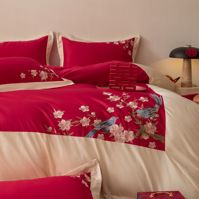 New Chinese style light luxury pure cotton wedding bed four-piece red
