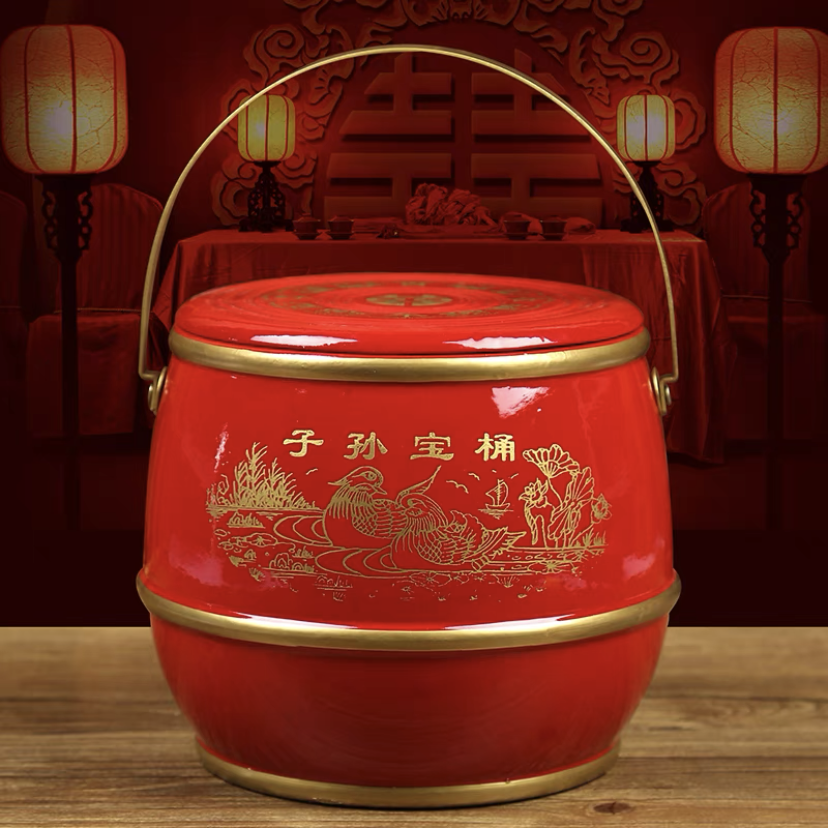 Marriage for children and grandchildren Bucket Wedding Dowry Wedding Dowry Accessories Full Range Of Great All-female Party Items Happy Solid Wood Three Sets Red-Taobao