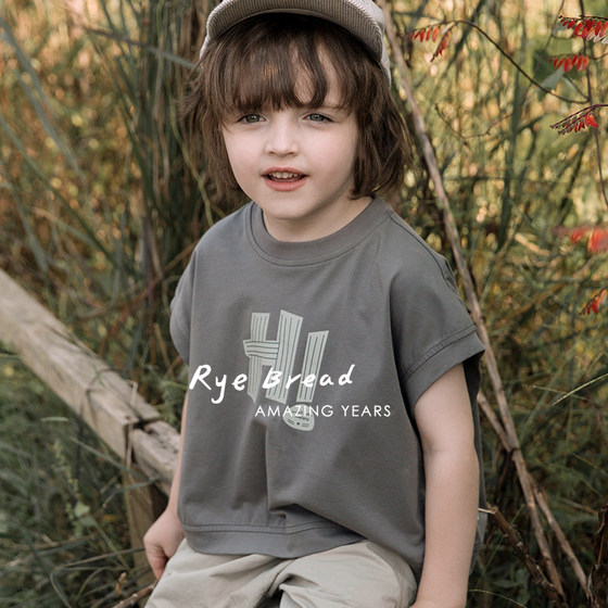 
ryebread/black bread children's clothing Korean letter printing boys round neck short-sleeved T-shirt ZS4 summer