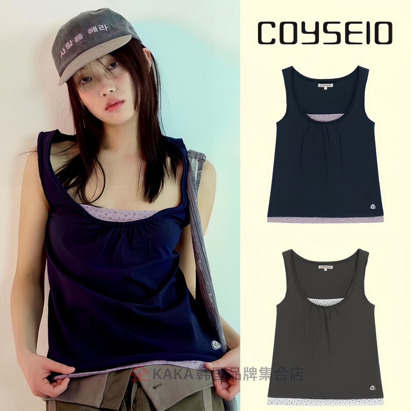 【Authentic】Coyseio Patchwork Floral Tank Top Japanese Style Girl Ruched Faux Two-Piece Camisole Sleeveless Top for Women