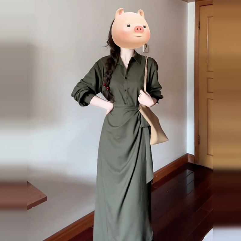 Green Polo Collar Shirt Dress for Women, 2025 Early Autumn Style, Professional Waist-Cinching Elegant Long Dress Green Polo Collar Shirt Dress for Women, 2025 Early Autumn Style, Professional Waist-Cinching Elegant Long Dress
