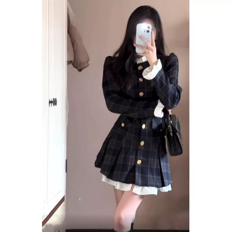 Autumn New Korean Style Fashionable Slim-Fit French Ruffle Elegant High-End Stand Collar Gold Button Dress for Women Autumn New Korean Style Fashionable Slim-Fit French Ruffle Elegant High-End Stand Collar Gold Button Dress for Women