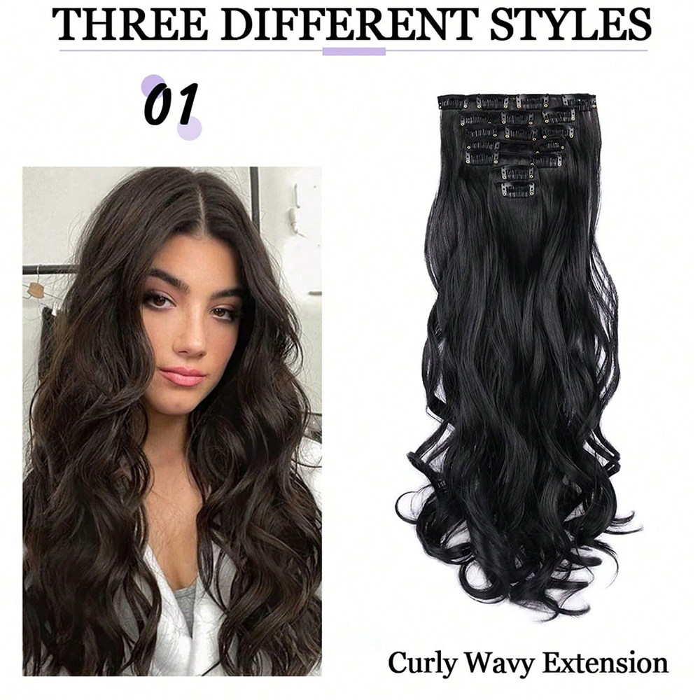 Показать Парики 7pcs set wavy curly full head hair extensions dark black wig OTHER