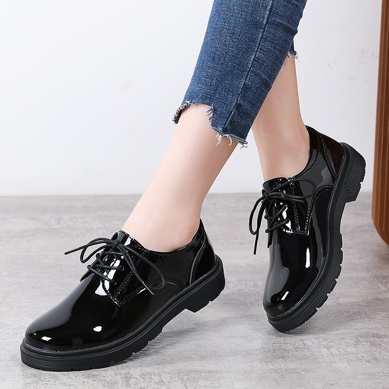 High School and Junior High School Students' Glossy Black Leather Shoes, Women's British Style Mirror Patent Leather Round-Toe Flat Work Shoes, Men's Style High School and Junior High School Students' Glossy Black Leather Shoes, Women's British Style Mirror Patent Leather Round-Toe Flat Work Shoes, Men's Style