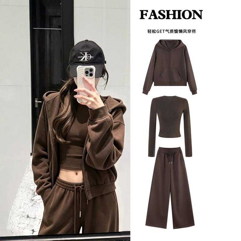 Brown Coffee-Colored Sportswear Suit for Women, Autumn and Winter Korean Style Outfit, Complete Set of Hooded Sweatshirt Jacket, Casual Two-Piece Set Brown Coffee-Colored Sportswear Suit for Women, Autumn and Winter Korean Style Outfit, Complete Set of Hooded Sweatshirt Jacket, Casual Two-Piece Set
