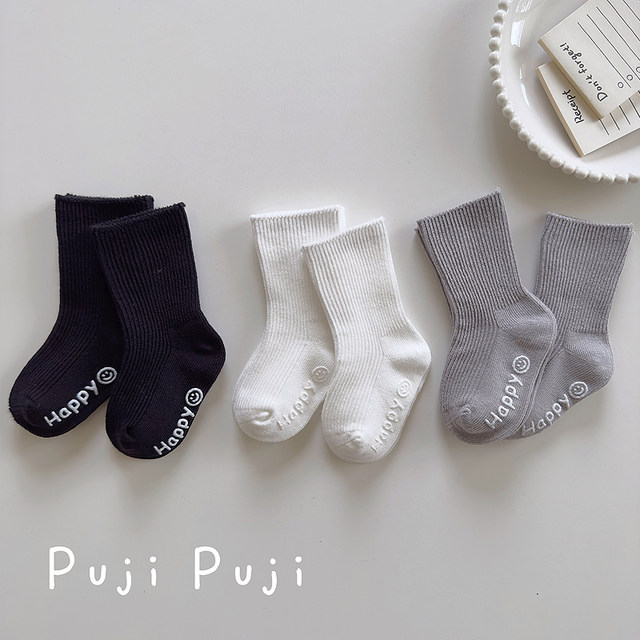 ຖົງຕີນເດັກນ້ອຍໃນພາກຮຽນ spring ແລະດູໃບໄມ້ລົ່ນຝ້າຍບໍລິສຸດກາງ calf socks ສີດໍາແລະສີຂາວຂອງເດັກນ້ອຍອະນຸບານສີຂີ້ເຖົ່າສີຂີ້ເຖົ່າ socks ເກົາຫຼີຍິ້ມໃບຫນ້າເດັກນ້ອຍ socks non-slip