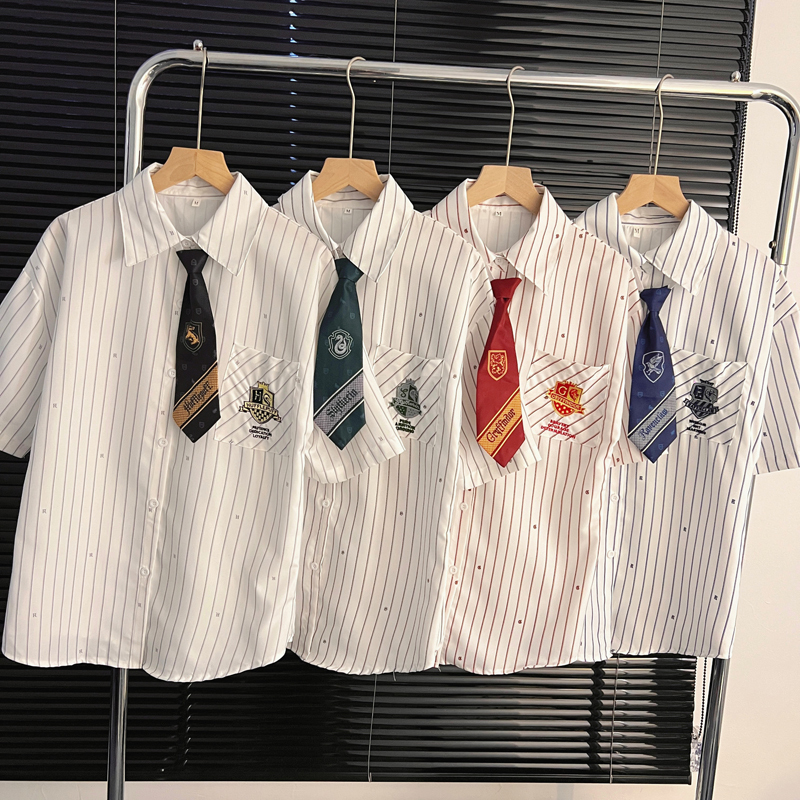 Harry Potter Collaboration New Fresh College Style Striped Embroidered Short-Sleeve Casual Polo Collar Shirt Trendy Top Harry Potter Collaboration New Fresh College Style Striped Embroidered Short-Sleeve Casual Polo Collar Shirt Trendy Top