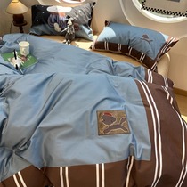 Chocolate) 100-count long-staple cotton silky sleeping naked cartoon embroidered dog four-piece set pure cotton bed sheet quilt cover