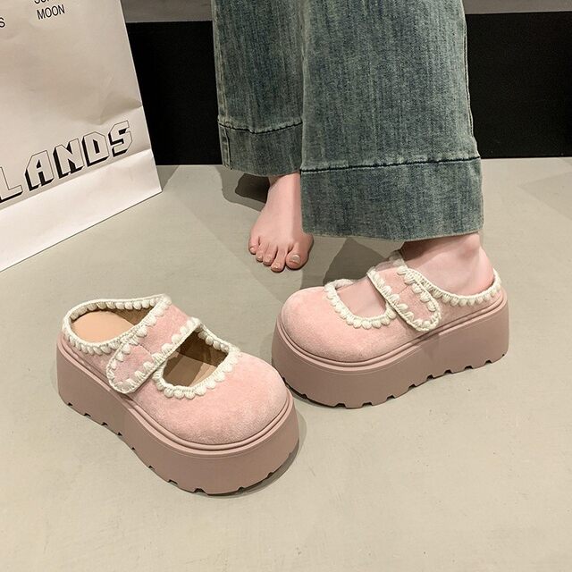 Korean Style Slippers, New Genuine Leather Women's Shoes, Velcro Thick-Soled Height-Increasing Mary Jane Shoes, Retro Velcro Shoes, Trendy Women's Shoes
