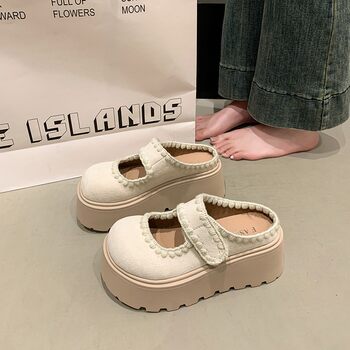 Korean Style Slippers, New Leather Women's Shoes, Velcro Thick-Soled Height-Increasing Mary Jane Shoes, Retro Velcro Shoes, Trendy Women's Shoes