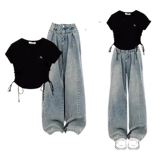 Комплект, футболка, джинсы, большой размер, по фигуре, на шнурках, короткий рукав, высокая талия