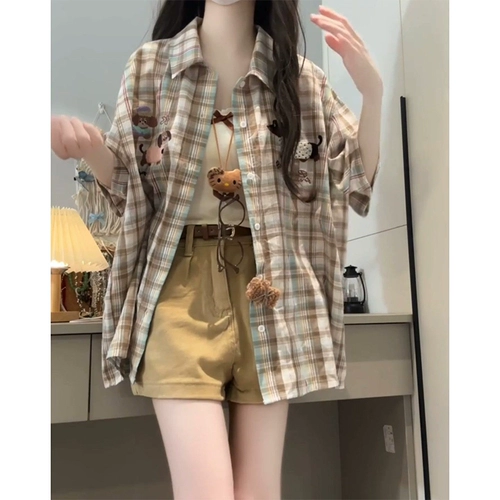 Летняя универсальная рубашка, шорты, комплект, в корейском стиле, эффект подтяжки, по фигуре, 3 предмета