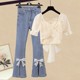 Plus-size women's autumn suit women's 2022 new age-reducing one-shoulder short top high-waisted jeans two-piece set