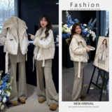 Зимний комплект, удерживающая тепло куртка, штаны, в корейском стиле, оверсайз, по фигуре, высокая талия, 3 предмета