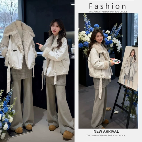 Зимний комплект, удерживающая тепло куртка, штаны, в корейском стиле, оверсайз, по фигуре, высокая талия, 3 предмета