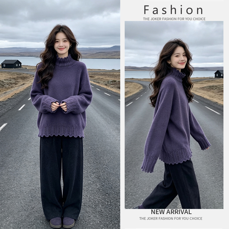 Gentle and Fashionable Half-Turtleneck Purple Lace Sweater Top for Women, Autumn Design, Soft and Versatile Base Knitwear Gentle and Fashionable Half-Turtleneck Purple Lace Sweater Top for Women, Autumn Design, Soft and Versatile Base Knitwear