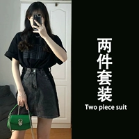 Черная джинсовая юбка, короткий рукав