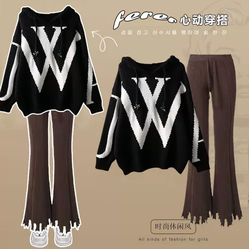 Осенний трикотажный свитер с капюшоном, штаны, комплект, большой размер, подходит для полных девушек