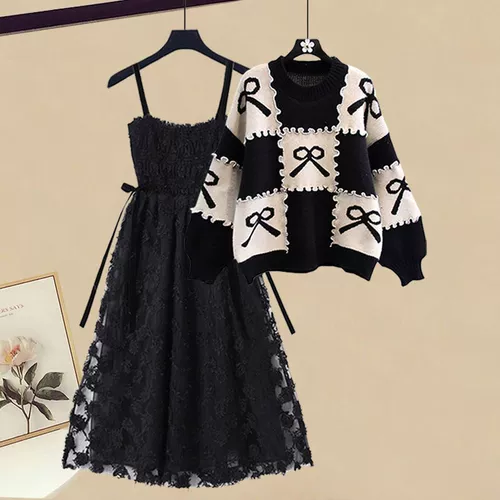 Осенний трикотажный свитер с бантиком, платье-комбинация, комплект, большой размер, подходит для полных девушек, городской стиль, коллекция 2022, в западном стиле