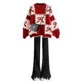 Весенний красный трикотажный свитер, штаны, комплект, большой размер, 2024 года