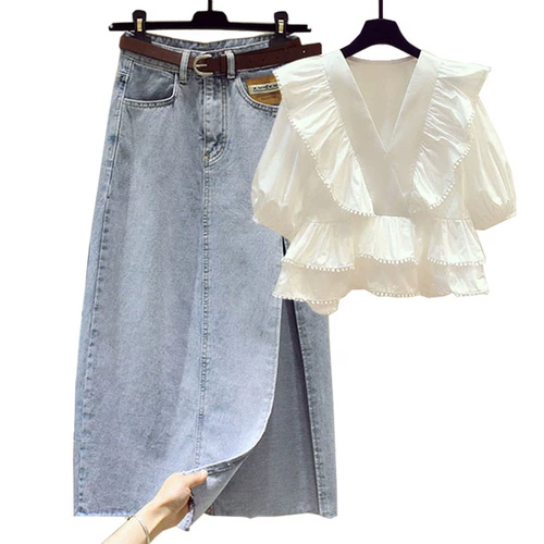 Летний комплект, джинсовая юбка, большой размер, 2024 года, свободный крой, V-образный вырез, короткий рукав