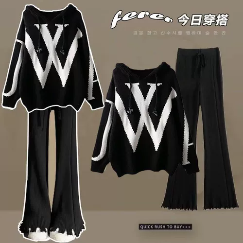 Осенний трикотажный свитер с капюшоном, штаны, комплект, большой размер, подходит для полных девушек