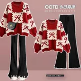 Весенний красный трикотажный свитер, штаны, комплект, большой размер, 2024 года