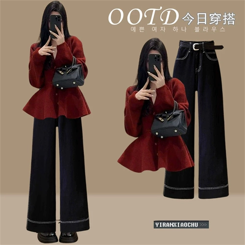 Комплект, модный дизайнерский корсет, трикотажный свитер, ретро джинсы, осенний, городской стиль, тренд сезона, высокая талия