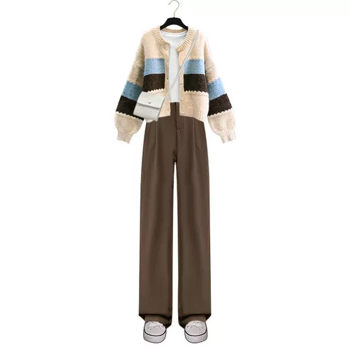 Комплект, трикотажный свитер, кардиган, штаны, осенний, большой размер, в западном стиле, 3 предмета