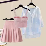 Весенний комплект, рубашка, юбка в складку, большой размер, защита от солнца, эффект подтяжки, плиссированная юбка, 3 предмета