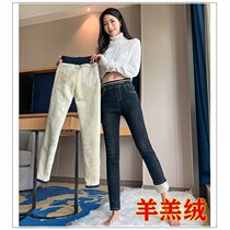 Tethick lamb suede jeans plus suede high waist 90% jeans female lamb suede high elastic tightness waist small feet large