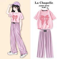 Сиреневые шелковые штаны с бантиком, хлопковая футболка, 100% хлопок