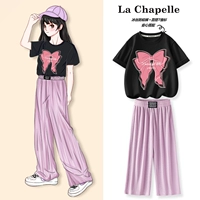 Сиреневые шелковые штаны с бантиком, хлопковая футболка, 100% хлопок