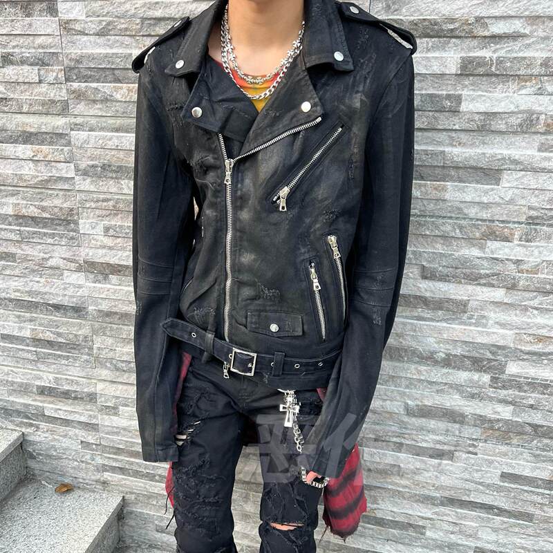 Self-Waxed Motorcycle Jacket, Heavy-Duty Waxed Zipper Version, Waist-Cinching Design, Distinct from Street Style, Rebellious High Street Fashion Self-Waxed Motorcycle Jacket, Heavy-Duty Waxed Zipper Version, Waist-Cinching Design, Distinct from Street Style, Rebellious High Street Fashion