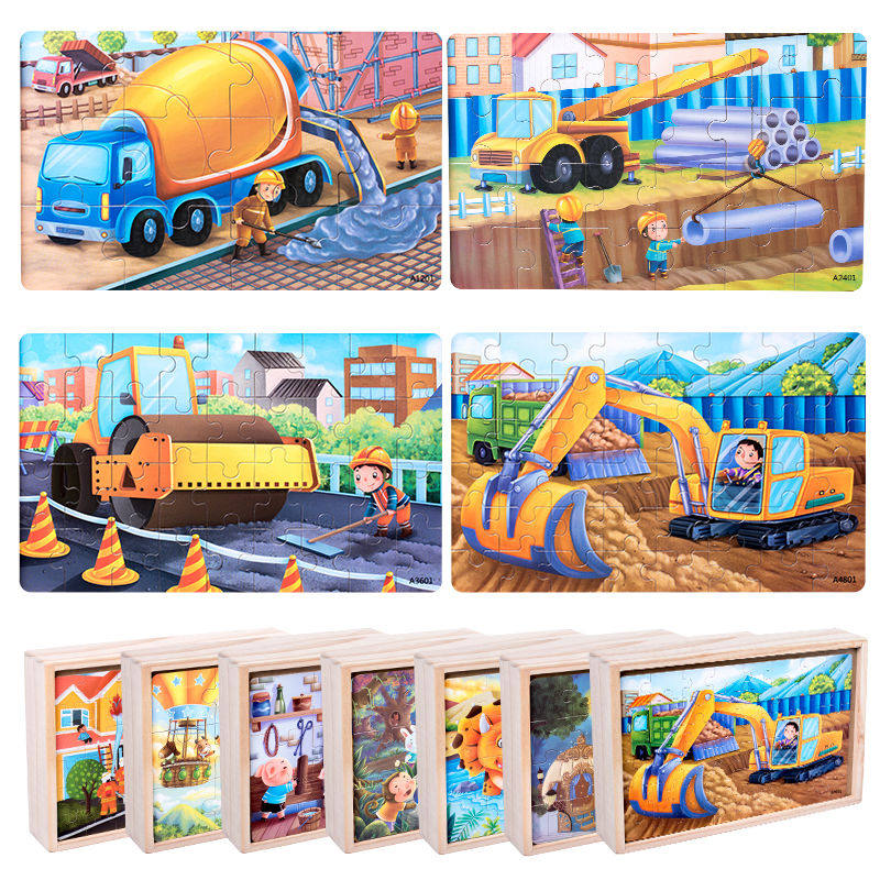 12 24 36 48 children wooden engineering jigsaw puzzle Young baby 2-6 years old boy and girl building block toys