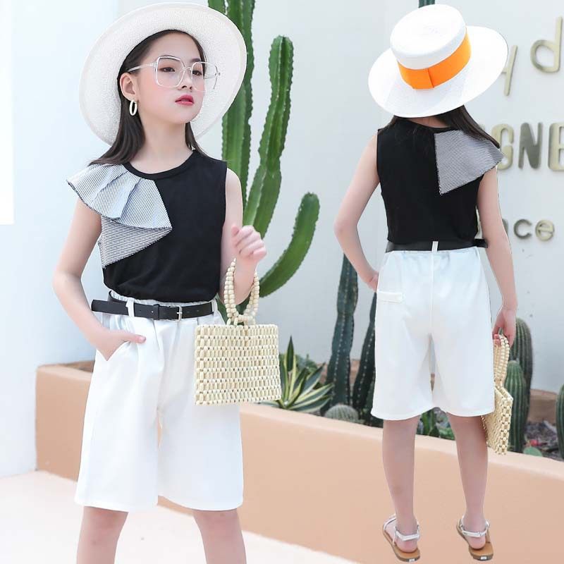 2022 Girls Net Red Summer New Set Ocean Vest Fashionable Korean Snow Text Shorts Two Pieces of Tide ZC