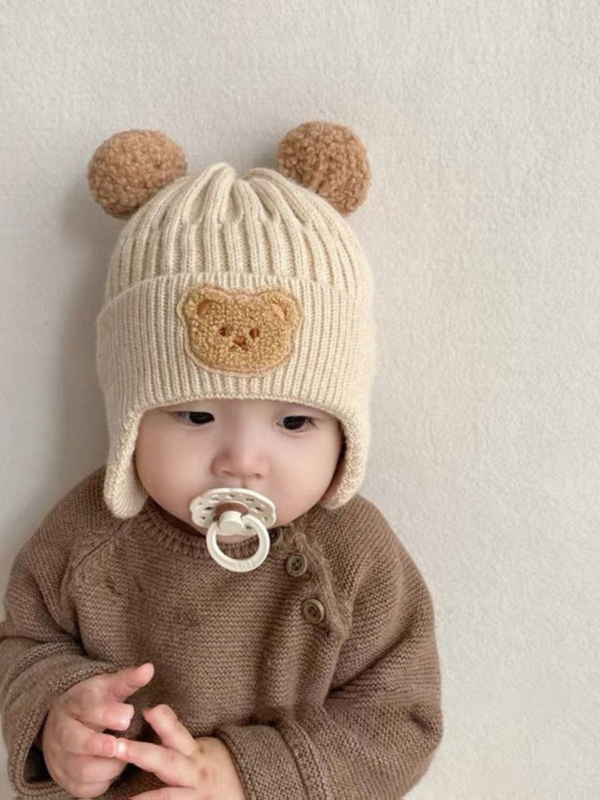 หมวกเด็ก หมวกถักลายหมีน่ารัก ปกป้องหู หมวกขนสัตว์หนาอบอุ่นสำหรับฤดูหนาว สไตล์เกาหลี หมวกทารก