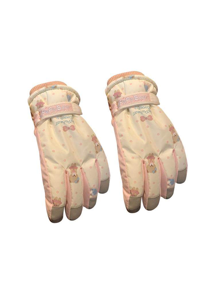 Beige Cute Bear Ski Gloves for Women, Winter Korean Style, Warm, Fleece-Lined, Thickened, Outdoor Windproof, Cold-Proof, Trendy for Cycling