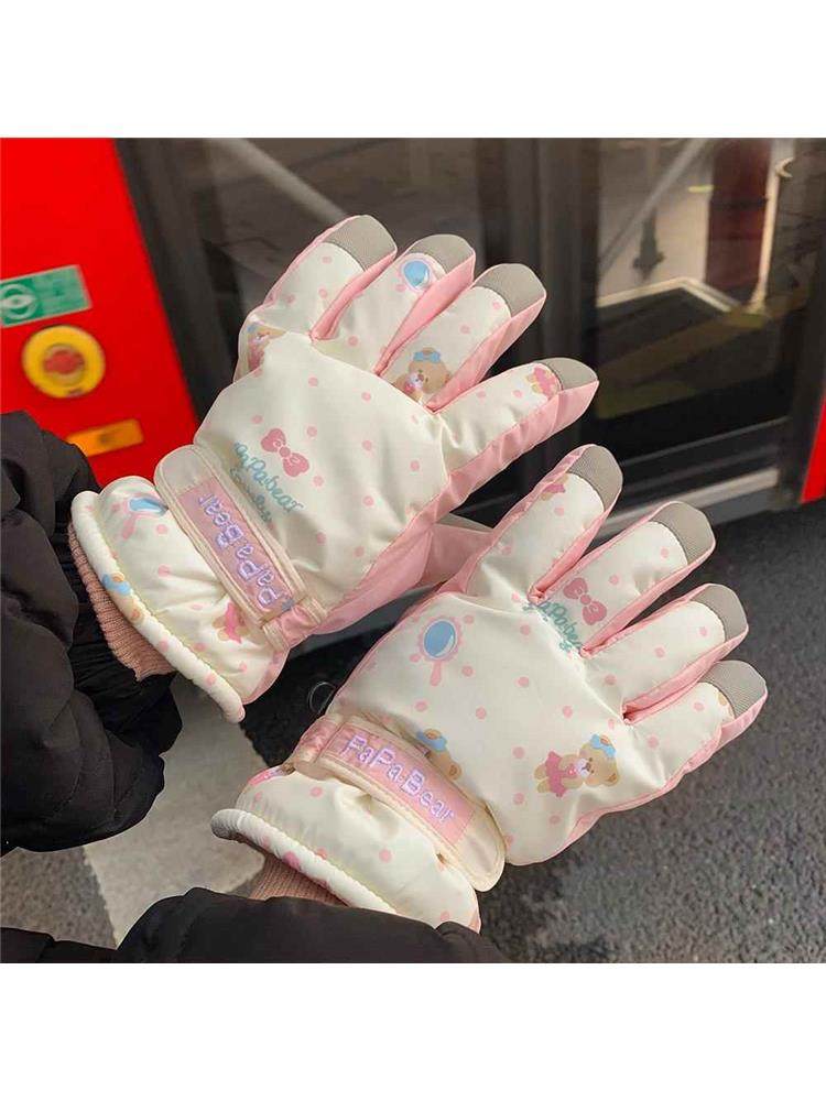 Beige Cute Bear Ski Gloves for Women, Winter Korean Style, Warm, Fleece-Lined, Thickened, Outdoor Windproof, Cold-Proof, Trendy for Cycling