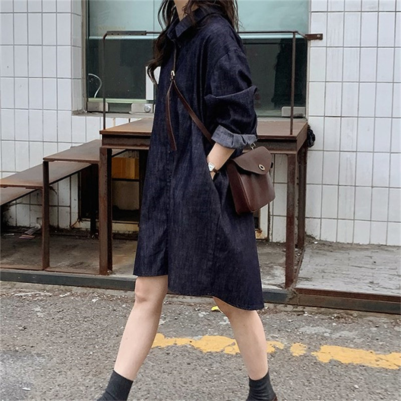 Lily Most Spring New Long-Sleeved Denim Dress Women's Casual Retro Skirt Mid-Length Shirt Dress