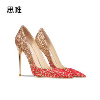 思唯真皮红绒金色亮片高跟鞋女细跟尖头2025年新款新娘鞋婚鞋单鞋
