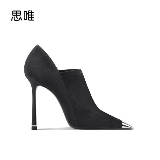 金属铁头黑色绒面时装靴女2025年秋冬方头方根新款短靴通勤瘦瘦靴