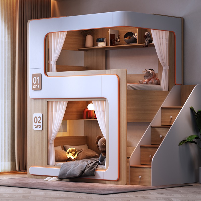 Space Capsule Bunk Bed with High Guardrails, Allowing Siblings, Mother and Child, or Children to Sleep Without Disturbances, Suitable for Second-Child Parent-Child Use