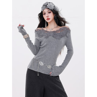 Abwlr Secret Garden - Original French Gentle Style Lace Splicing Knit Top for Women, Off-Shoulder, Slimming and Elegant Top
