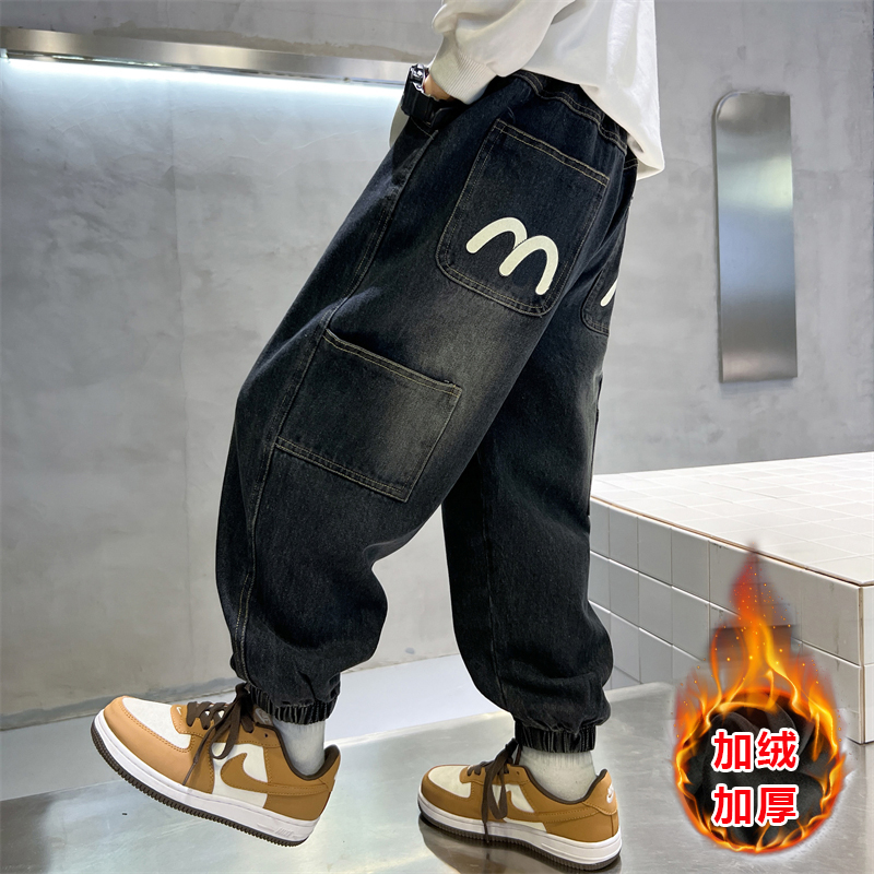 Boy gush thickened jeans autumn winter 2023 new children pants integrated suede overweight children winter long pants fried street-Taobao