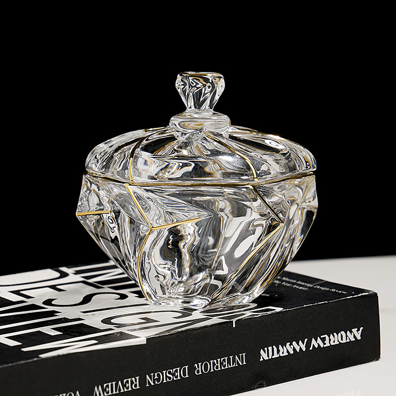 精致太阳花彩玻璃糖果罐：透明带盖三足糖缸的干果零食储物摆件概述