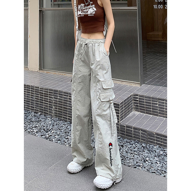 Cute Champion American-Style Quick-Drying Cargo Pants for Women, Summer Thin Casual Loose High-Waisted Wide-Leg Jogger Sweatpants